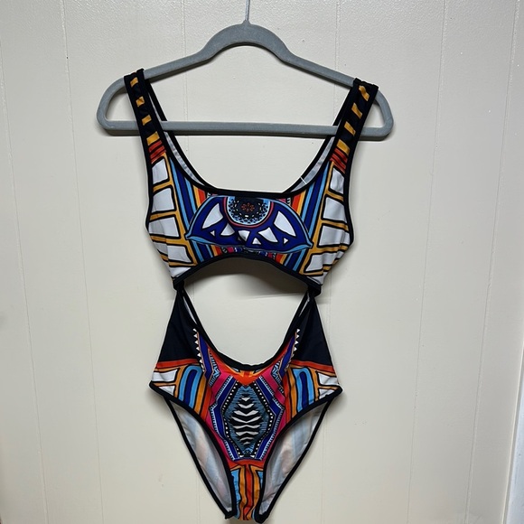 Ekouaer Black and Blue multicolored One Piece Swimsuit with Cut-Out Design - Picture 1 of 10
